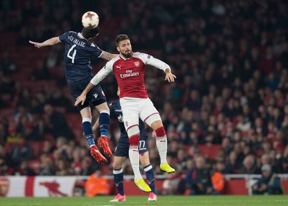 Damien Le Tallec of Red Star Belgrade and Olivier Giroud of Arsenal in action during the UEFA Europa League group H match between Arsenal and Red Star Belgrade at the Emirates Stadium, London, England on 2 November 2017. Copyright: xVincexMignottx 17500003