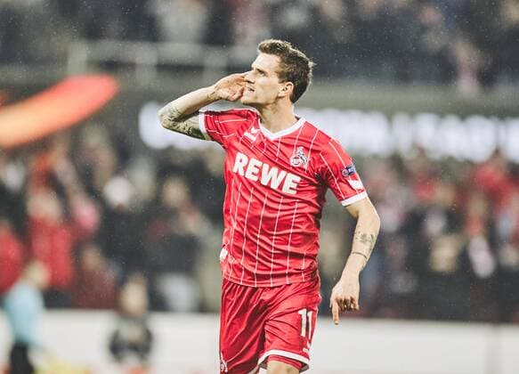 02 11 2017 Leverkusen Germany Uefa Euro League Group H 1 FC Köln Bate Borissow Colognes scorer Simon Zoller celebrates his goal for 1 0