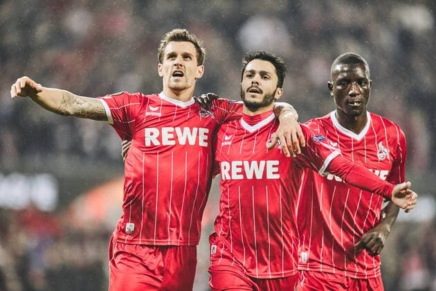 02 11 2017 Leverkusen Germany Uefa Euro League Group H 1 FC Cologne Bate Borissow Colognes scorer Simon Zoller celebrates his goal for the 1 0 with his teammates