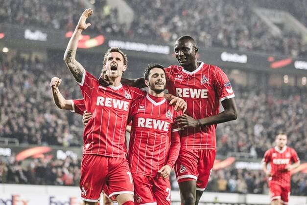 02 11 2017 Leverkusen Germany Uefa Euro League Group H 1 FC Cologne Bate Borissow Colognes scorer Simon Zoller celebrates his goal for the 1 0 with his teammates