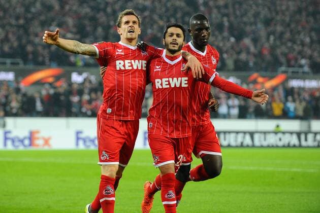 Koeln Germany 02 11 2017 UEFA Europa League 2017 18 Season Group Stage Group H 4 Round 1 FC Koeln BATE Borisov Goal scored the 1 0 for Koeln by Simon Zoller KOE left center Leonardo Bittencourt KOE right Sehrou Guirassy KOE DeFodi521