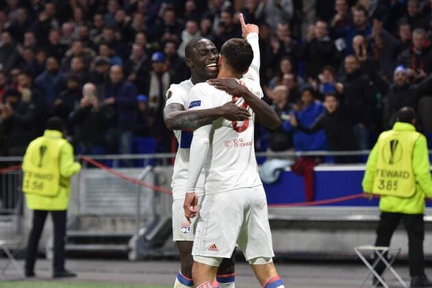 Joie de Ferland Mendy et Houssem Aouar lyon FOOTBALL Lyon vs Everton Ligue Europa Phase de goupe 02 11 2017 FredericChambert Panoramic 