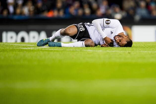 171102 Samuel Adegbenro of Rosenborg with an injury during the UEFA Europa League match between Rosenborg and FK Zenit St. Petersburg on November 2, 2017 in Trondheim. Photo: Jon Olav Nesvold BILDBYRAN kod JE 160066  Copyright: JONxOLAVxNESVOLD BB171102BB906