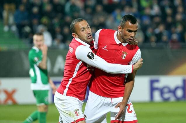 02.11.2017 Razgrad(Bulgaria) PFC Ludogorets-SC Braga Europa League men s football Jefferson(L) and Fransergio(r) SC Braga celebrate first goal for his team :Str 