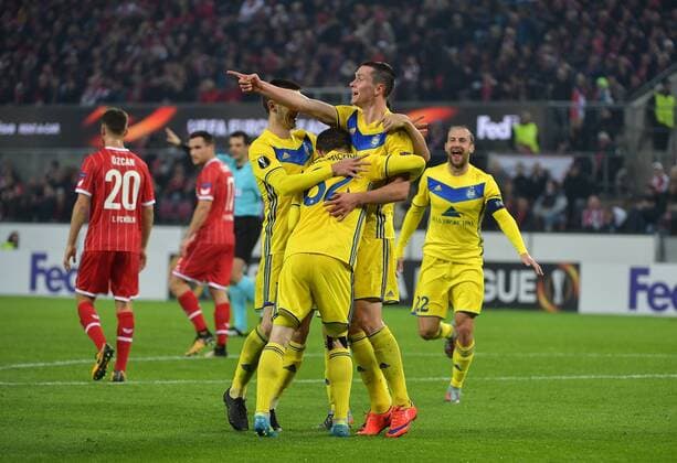 02 11 2017 xjpx Football Europe League 1 FC Koeln BATE Baryssau emspor v l Torjubel after scoring for 1 2 by Nikolai Signevich Borisov middle Koeln