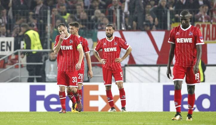 Cologne RheinEnergieStadion 02 11 17 Matthias Lehmann 1 FC Cologne L Dominic Maroh 1 FC Cologne M and Sehrou Guirassy 1 FC Köln R disappointed in Europaleague Match between 1 FC Köln vs BATE Baryssau Season 2017 2018