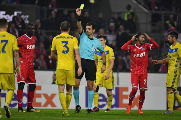 GER 1 FC Köln GER vs BATE Borisov BLR 02 11 2017 RheinEnergieSTADION Cologne Europa League Group Stage 4 Gameday GER 1 FC Köln GER vs BATE Borisov BLR in picture yellow card for Vitali Gajduchik 3 Bate Borisov nordphotox xMeuter nordphoto 00351