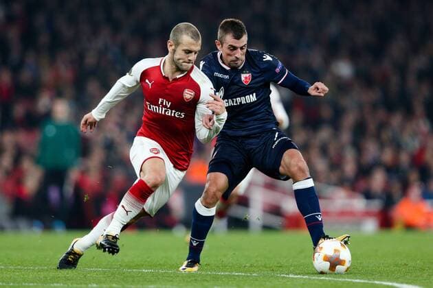 Jack Wilshere of Arsenal and FC Red Star BelgradeÕs Nenad Krsticic during the UEFA Europa League Group H match at the Emirates Stadium, London. Picture date: 2nd November 2017.Pic credit should read: Charlie Forgham-Bailey Sportimage EDITORIAL USE ONLY. No use with unauthorised audio, video, data, fixture lists, club league logos or live services. Online in-match use limited to 120 images, no video emulation. No use in betting, games or single club league player publications.
