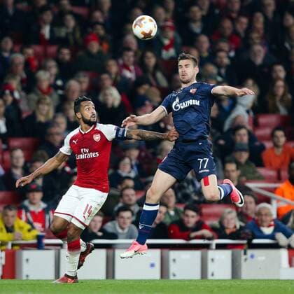 Theo Walcott of Arsenal and FC Red Star BelgradeÕs Marko Gobeljic during the UEFA Europa League Group H match at the Emirates Stadium, London. Picture date: 2nd November 2017.Pic credit should read: Charlie Forgham-Bailey Sportimage EDITORIAL USE ONLY. No use with unauthorised audio, video, data, fixture lists, club league logos or live services. Online in-match use limited to 120 images, no video emulation. No use in betting, games or single club league player publications.