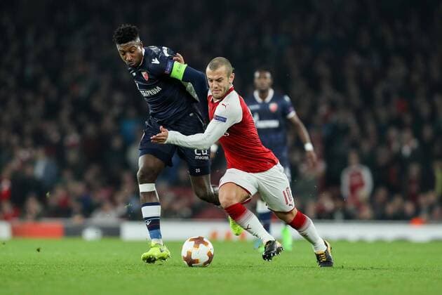 London England 02 11 2017 UEFA Europa League 2017 18 Season Group H 4 Gameday Arsenal FC Red Star Belgrade Mitchell Donald Belgrade and Jack Wilshere AFC in action DeFodi048