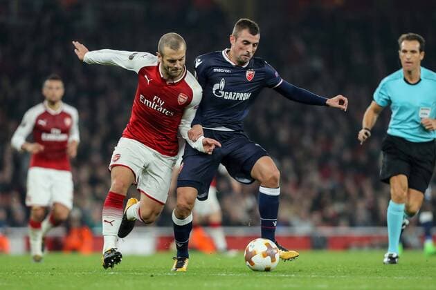 London England 02 11 2017 UEFA Europa League 2017 18 Season Group H 4 Gameday Arsenal FC Red Star Belgrade Jack Wilshere AFC and Nenad Krsticic Belgrade in action DeFodi048