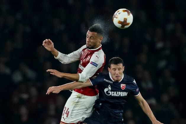 London England 02 11 2017 UEFA Europa League 2017 18 Season Group H 4 Matchday FC Arsenal Red Star Belgrade Francis Coquelin AFC and Slavoljub Srnic Belgrade in a duel DeFodi048