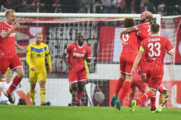 GER 1 FC Köln GER vs BATE Borisov BLR 02 11 2017 RheinEnergieSTADION Cologne Europe Leaque Group Stage 4 Gameday GER 1 FC Köln GER vs BATE Borisov BLR im Bild Torjubel Jubel Jubilee li Yuya Osako 13 1 FC Koeln mitte Matthias Lehmann 33 1 FC Koeln re Konstantin Rausch 34 1 FC Koeln nordphotox xMeuter nordphoto 00351