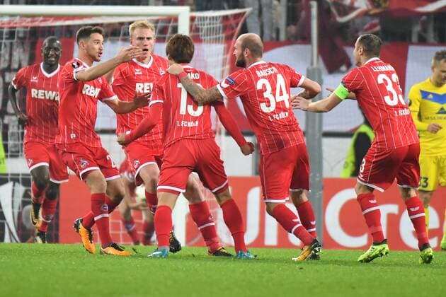 GER 1 FC Köln GER vs BATE Borisov BLR 02 11 2017 RheinEnergieSTADION Cologne Europe Leaque Group Stage 4 Gameday GER 1 FC Köln GER vs BATE Borisov BLR im Bild Torjubel Jubel Jubilee li Yuya Osako 13 1 FC Koeln mitte Matthias Lehmann 33 1 FC Koeln re Konstantin Rausch 34 1 FC Koeln Sehrou Guirassy 19 1 FC Koeln Dominic Maroh 5 1 FC Koeln nordphotox xMeuter nordphoto 00351