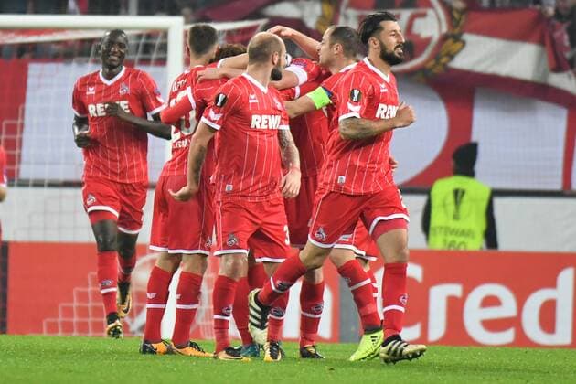 GER 1 FC Köln GER vs BATE Borisov BLR 02 11 2017 RheinEnergieSTADION Cologne Europe Leaque Group Stage 4 Gameday GER 1 FC Köln GER vs BATE Borisov BLR im Bild Torjubel Jubel Jubilee li Yuya Osako 13 1 FC Koeln mitte Matthias Lehmann 33 1 FC Koeln re Konstantin Rausch 34 1 FC Koeln Sehrou Guirassy 19 1 FC Koeln Dominic Maroh 5 1 FC Koeln nordphotox xMeuter nordphoto 00351