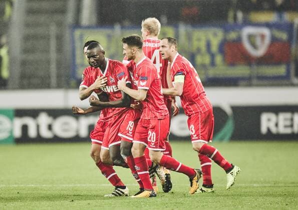 02 11 2017 Leverkusen Germany Uefa Euro League Group H 1 FC Cologne Bate Borissow Colognes goalscorer Sehrou Guirassy celebrates his goal for 3 2 with his team-mates