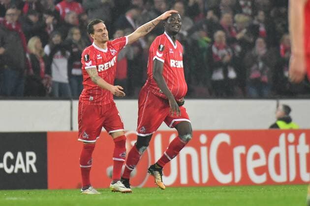 GER 1 FC Köln GER vs BATE Borisov BLR 02 11 2017 RheinEnergieSTADION Cologne Europe Leaque Group Stage 4 Gameday GER 1 FC Köln GER vs BATE Borisov BLR pictured Sehrou Guirassy 19 1 FC Koeln is pleased with his goal put the ball into the jersey with Simon Zoller 11 1. FC Cologne nordphotox xMeuter nordphoto 00351