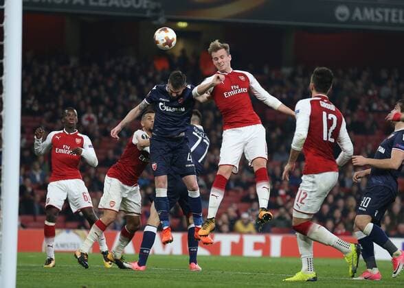 2nd November 2017, Emirates Stadium, London, England; UEFA Europa League group stage, Arsenal versus Red Star Belgrade; Rob Holding of Arsenal attempting to score from a header over Damien Le Tallec of Red Star Belgrade  ActionPlus11947179