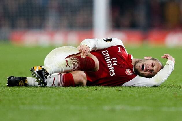 Jack Wilshere of Arsenal after a hard tackle during the UEFA Europa League Group H match at the Emirates Stadium, London. Picture date: 2nd November 2017.Pic credit should read: Charlie Forgham-Bailey Sportimage EDITORIAL USE ONLY. No use with unauthorised audio, video, data, fixture lists, club league logos or live services. Online in-match use limited to 120 images, no video emulation. No use in betting, games or single club league player publications.