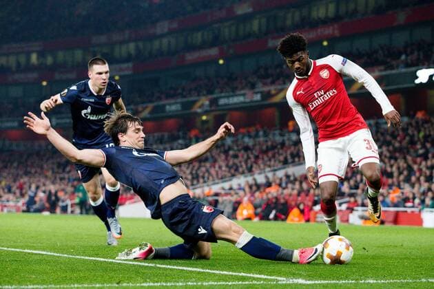 Ainsley Maitland-Niles of Arsenal and FC Red Star BelgradeÕs Nenad Krsticic during the UEFA Europa League Group H match at the Emirates Stadium, London. Picture date: 2nd November 2017.Pic credit should read: Charlie Forgham-Bailey Sportimage EDITORIAL USE ONLY. No use with unauthorised audio, video, data, fixture lists, club league logos or live services. Online in-match use limited to 120 images, no video emulation. No use in betting, games or single club league player publications.