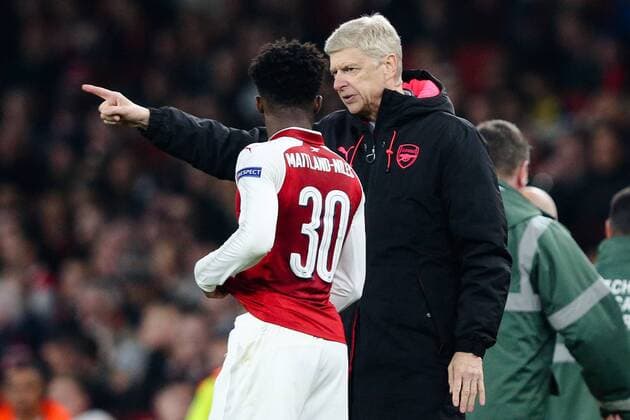 Manager of Arsenal Arsene Wenger gives Ainsley Maitland-Niles of Arsenal intructions during the UEFA Europa League Group H match at the Emirates Stadium, London. Picture date: 2nd November 2017.Pic credit should read: Charlie Forgham-Bailey Sportimage EDITORIAL USE ONLY. No use with unauthorised audio, video, data, fixture lists, club league logos or live services. Online in-match use limited to 120 images, no video emulation. No use in betting, games or single club league player publications.