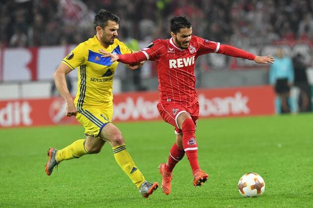 Soccer Men UEFA Europa Pokal Season 2017 2018 FC Koeln vs FC BATE Borisov 02 11 2017 Rheinenergiestadion Cologne Leonardo Bittencourt FC Koeln Aleksandr Volodko BATE Borisov