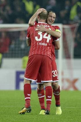 Koeln Germany 02 11 2017 UEFA Europa League 2017 18 Season Group Stage Group H 4 Matchday 1 FC Koeln BATE Borisov Cheers Emotions Joy after the end of the match left Konstantin Rausch KOE Matthias Lehmann KOE DeFodi521