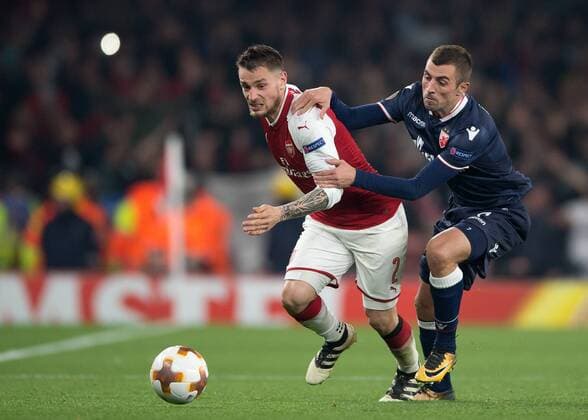 Mathieu Debuchy of Arsenal Nenad Krsticic of Red Star Belgrade in action during the UEFA Europa League group H match between Arsenal and Red Star Belgrade at the Emirates Stadium, London, England on 2 November 2017. Copyright: xVincexMignottx 17500016