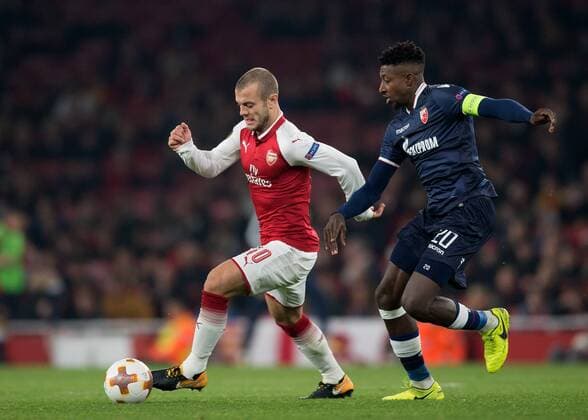 Jack Wilshere of Arsenal and Mitchell Donald of Red Star Belgrade during the UEFA Europa League group H match between Arsenal and Red Star Belgrade at the Emirates Stadium, London, England on 2 November 2017. Copyright: xVincexMignottx 17500018