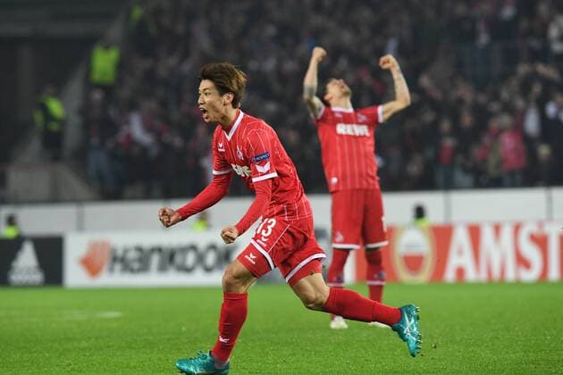 Soccer Men UEFA Europa Pokal Season 2017 2018 FC Koeln vs FC BATE Borisov 02 11 2017 Rheinenergiestadion Cologne Yuya Osako Simon Zoller both FC Koeln Torjubel