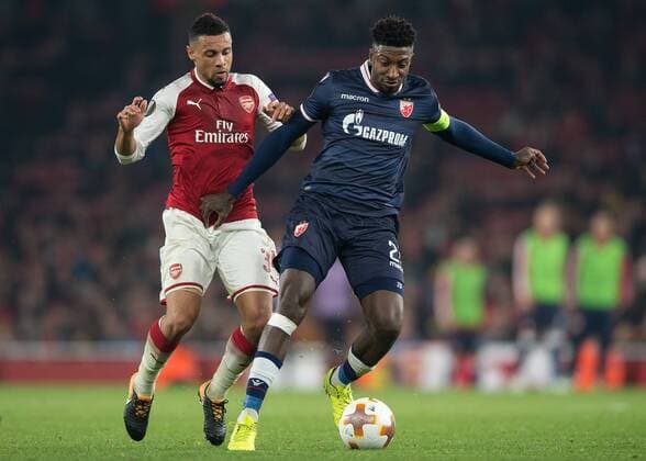 Francis Coquelin of Arsenal battles with Mitchell Donald of Red Star Belgrade during the UEFA Europa League group H match between Arsenal and Red Star Belgrade at the Emirates Stadium, London, England on 2 November 2017. Copyright: xVincexMignottx 17500025
