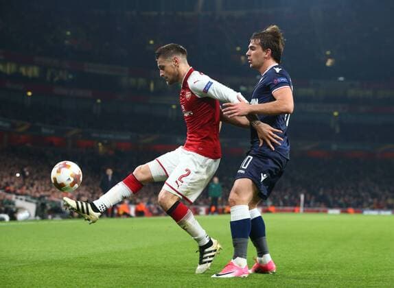 November 2, 2017 - London, England, United Kingdom - L-R Arsenal s Mathieu Debuchy and Filip Stojkovic of Red Star Belgrade (Crvena Zvezda).during UEFA Europa League Group H match between Arsenal and Red Star Belgrade (Crvena Zvezda) at The Emirates , London 2 Nov 2017 Arsenal FC v Crvena Zvezda - UEFA Europa League  - ZUMAn230 20171102_zaa_n230_290 Copyright: xKieranxGalvinx