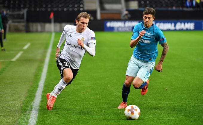 Fotball Menn UEFA Europa League Rosenborg - Zenit Lerkendal Stadium, Trondheim, Norway 2 november 2017 Morten Konradsen, Rosenborg (V) og Emiliano Rigoni, Zenit, i duell Foto : Arve Johnsen, Digitalsport 