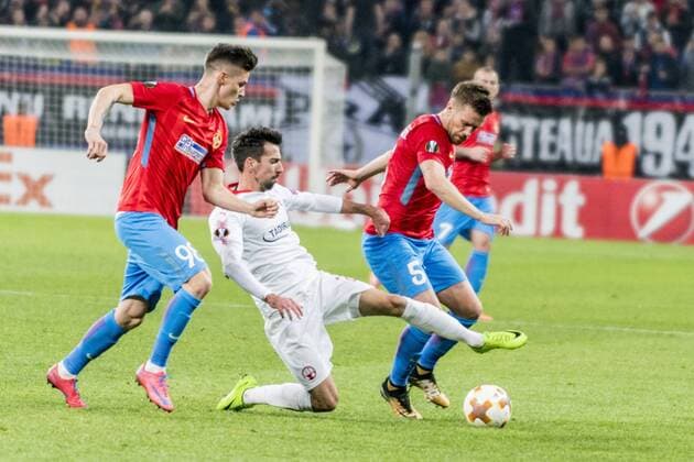 November 2, 2017: Isaac Cuenca 22 (Hapoel Beer-Sheva) and Mihai Pintilii 5 (FCSB Bucharest) during the UEFA Europa League 2017-2018, Group Stage, Groupe G game between FCSB Bucharest (ROU) and Hapoel Beer-Sheva FC (ISR) at National Arena Stadium, Bucharest, Romania ROU.  Copyright: xCronos CatalinxSoarex cronoscs2112017113417