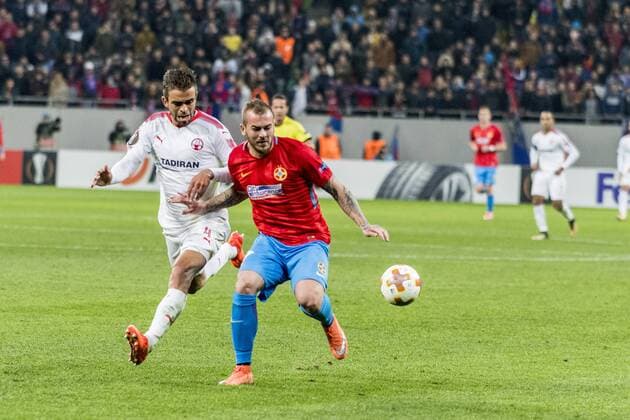 November 3, 2017: Denis Alibec 7 (FCSB Bucharest) and Miguel Vitor 4 (Hapoel Beer-Sheva) during the UEFA Europa League 2017-2018, Group Stage, Groupe G game between FCSB Bucharest (ROU) and Hapoel Beer-Sheva FC (ISR) at National Arena Stadium, Bucharest, Romania ROU.  Copyright: xCronos CatalinxSoarex cronoscs3112017113430