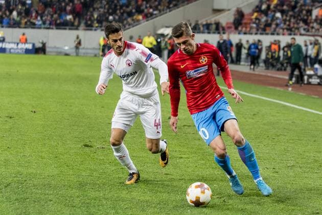 November 3, 2017: Hatem Elhamed 44 (Hapoel Beer-Sheva) and Florin Tanase 10 (FCSB Bucharest) during the UEFA Europa League 2017-2018, Group Stage, Groupe G game between FCSB Bucharest (ROU) and Hapoel Beer-Sheva FC (ISR) at National Arena Stadium, Bucharest, Romania ROU.  Copyright: xCronos CatalinxSoarex cronoscs3112017113445