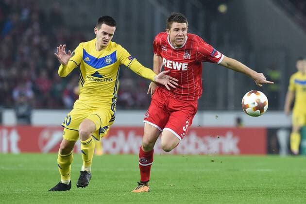 Soccer Europa League Group stage 1 FC Köln BATE Borissow on 02 11 2017 RheinEnergieStadion in Cologne Mirko Ivanic Borissow left Dominique Heintz Cologne right xRx