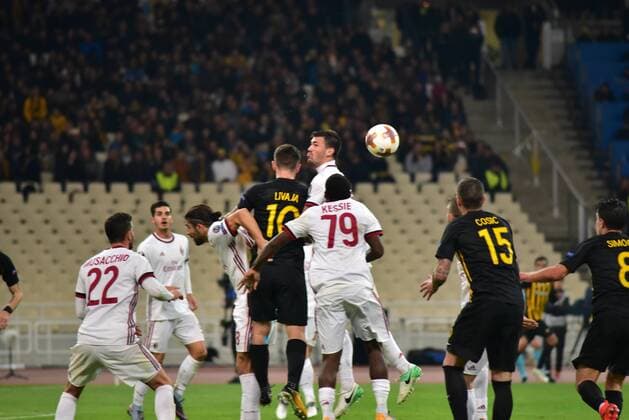 Italy: AEK versus Milan Defence of Milan stop the attack of AEK players. Athens Attiki Greece OAKA Spiros Louis  DimitriosxKarvountzisx xPacificxPress