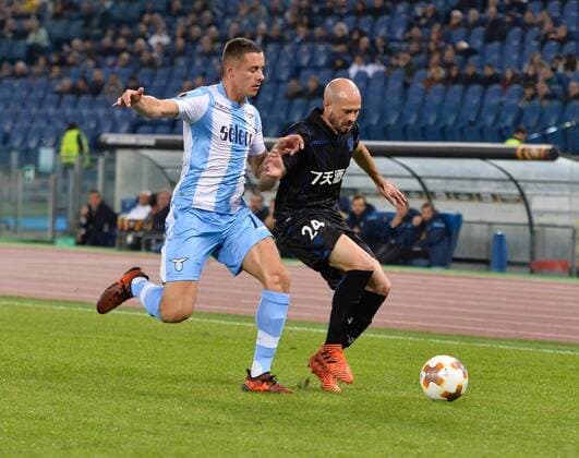 Italy: Football match between Lazio and Nizza Christophe Jallet and Adam Marusic during the Europe League football match S.S. Lazio vs Nizza at the Olympic Stadium. Italy  SilviaxLoréx xPacificxPress
