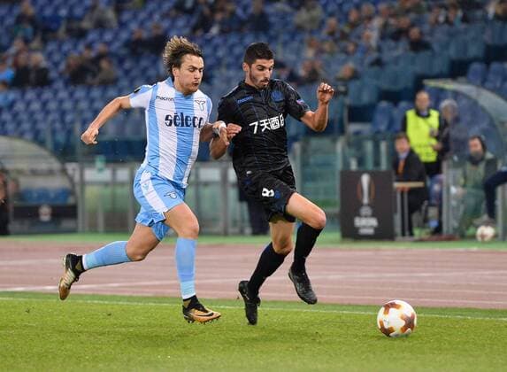 Italy: Football match between Lazio and Nizza Gabarron Gil Patric, and Pierre Lees-Melou during the Europe League football match S.S. Lazio vs Nizza at the Olympic Stadium. Italy  SilviaxLoréx xPacificxPress