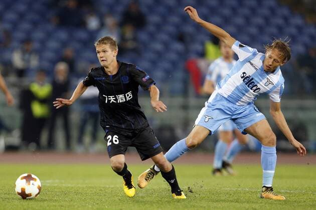 Italy: Lazio v Nice - UEFA Europa League (L-R) Vincent Koziello of Nice in duel with Lucas of Lazio during their UEFA Europa League Group K soccer match at the Olympic stadium in Rome. Rome Italy Olympic Stadium  GiampieroxSpositox xPacificxPress