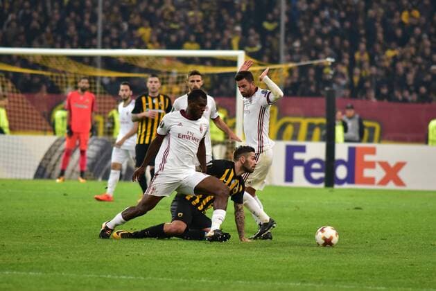 Italy: AEK versus Milan Marko Livaja (n0 10) of AEK wins a foul from players of Milan. Athens Attiki Greece OAKA Spiros Louis  DimitriosxKarvountzisx xPacificxPress