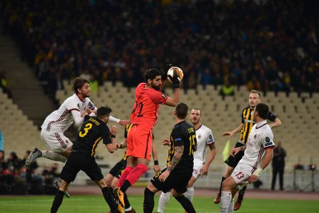 Italy: AEK versus Milan Giannis Anestis goalkeeper of AEK (no 22) catch the ball after an attack by Milan s players. Athens Attiki Greece OAKA Spiros Louis  DimitriosxKarvountzisx xPacificxPress