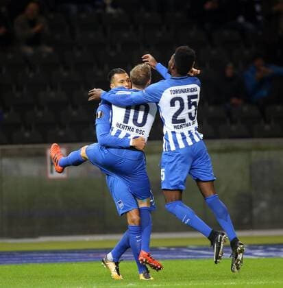 Europe League Hertha BSC VS Sorja Luhansk 02 11 2017 Olympiastadion Berlin GER Europa League Hertha BSC VS Sorja Luhansk im Bild 1 0 by Davie Selke Hertha BSC Berlin 27 Ondrej Duda Hertha BSC Berlin 10 Jordan Torunarigha Hertha BSC Berlin 25 nordphotox xEngler nph00076