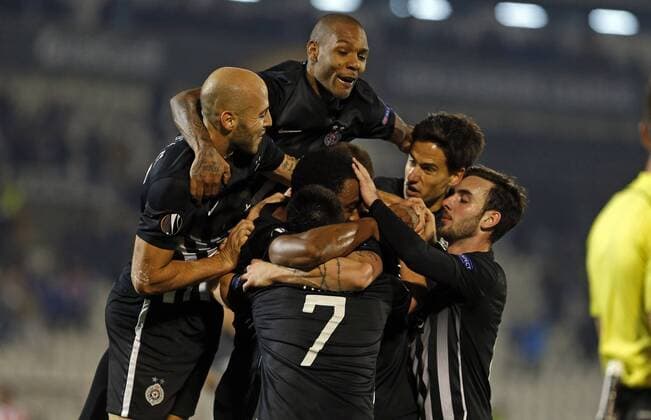 (171103) -- BELGRADE, Nov. 3, 2017 -- Partizan s Leandre Tawamba (C) celebrates after scoring a goal with his teammates during the Europa League group B match between Partizan and Skenderbeu in Belgrade, Serbia on Nov. 2. 2017. Partizan won 2-0. ) (SP)SERBIA-BELGRADE-EUROPA LEAGUE-FOOTBALL-PARTIZAN VS SKENDERBEU PredragxMilosavljevic 