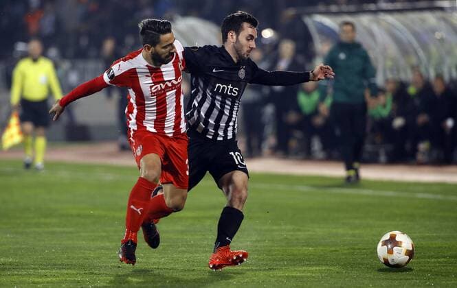 (171103) -- BELGRADE, Nov. 3, 2017 -- Partizan s Marko Jankovic (R) vies with Skenderbeu s Gledi Mici during the Europa League group B match in Belgrade, Serbia on Nov. 2. 2017. Partizan won 2-0. ) (SP)SERBIA-BELGRADE-EUROPA LEAGUE-FOOTBALL-PARTIZAN VS SKENDERBEU PredragxMilosavljevic 