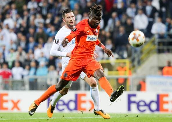 (171103) -- RIJEKA, Nov. 3, 2017 -- Alexander Gorgon (L) of HNK Rijeka vies with Abdul Kadiri Mohammed of Austria Wien during the UEFA Europa League football match between HNK Rijeka and Austria Wien in Rijeka, Croatia, on Nov. 2, 2017. Austria Wien won 4-1. ) (SP)CROATIA-RIJEKA-UEFA EUROPA LEAGUE-HNK RIJEKA VS AUSTRIA WIEN GoranxKovacic 