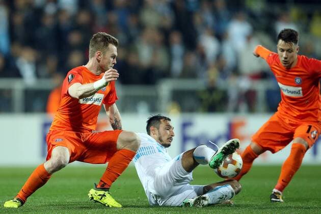 (171103) -- RIJEKA, Nov. 3, 2017 -- Robert Puncec (C) of HNK Rijeka vies with Kevin Friesenbichler (L) during the UEFA Europa League football match between HNK Rijeka and Austria Wien in Rijeka, Croatia, on Nov. 2, 2017. Austria Wien won 4-1. ) (SP)CROATIA-RIJEKA-UEFA EUROPA LEAGUE-HNK RIJEKA VS AUSTRIA WIEN GoranxStanzl 