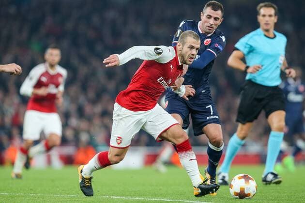 Jack Wilshere (Arsenal), Nenad Krsticic (Red Star), NOVEMBER 2, 2017 - Football Soccer : Jack Wilshere of Arsenal and Nenad Krsticic of Red Star Belgrade battle for the ball during the UEFA Europa League Group Stage match between Arsenal and Red Star Belgrade at Emirates Stadium in London, England. Noxthirdxpartyxsales  (mdga017408)