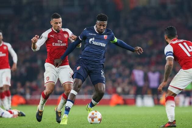 Mitchell Donald (Red Star), Francis Coquelin (Arsenal), NOVEMBER 2, 2017 - Football Soccer : Mitchell Donald of Red Star Belgrade and Francis Coquelin of Arsenal during the UEFA Europa League Group Stage match between Arsenal and Red Star Belgrade at Emirates Stadium in London, England. Noxthirdxpartyxsales  (mdga017414)